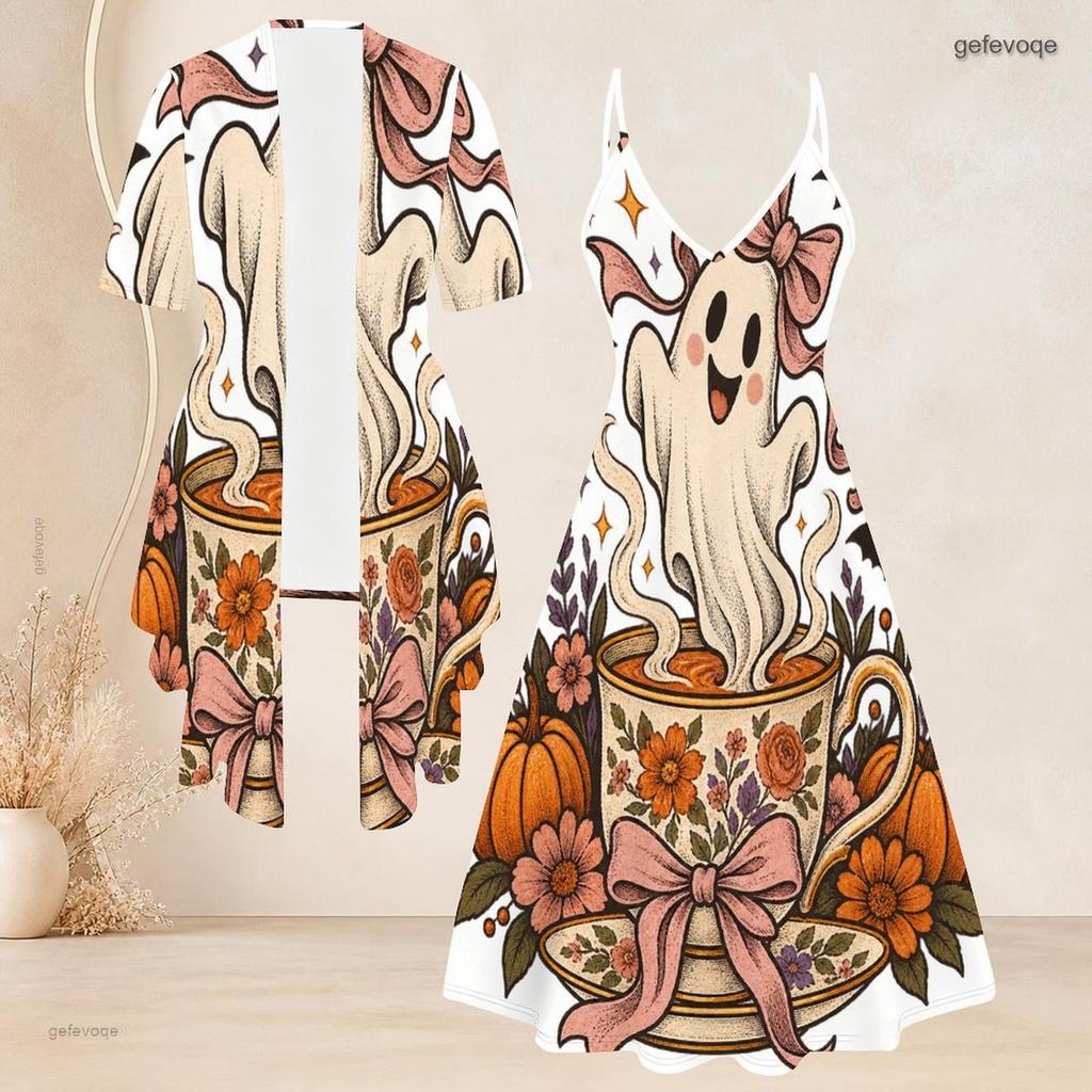 Women Plus Size Two Piece Set White Halloween Ghost Printed Short Sleeve Cardigan V Neck Strappy Flared Dress