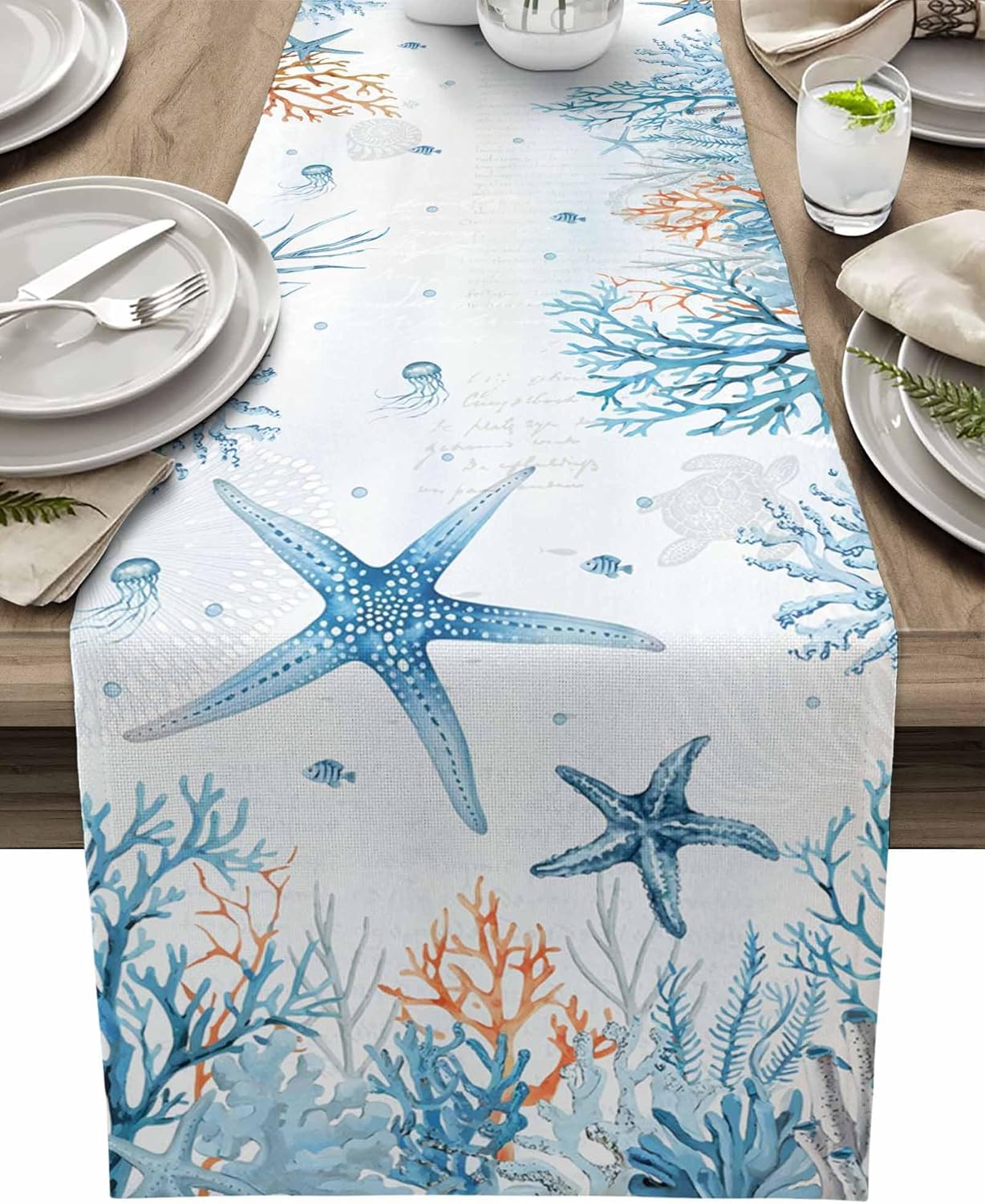 Blauwe Zeester Koraal Linnen Tafel Runner Huisdecoratie Zomer Zeeleven Vis Zeewier Keuken Eettafel Runners Feestdecoratie 150x33cm