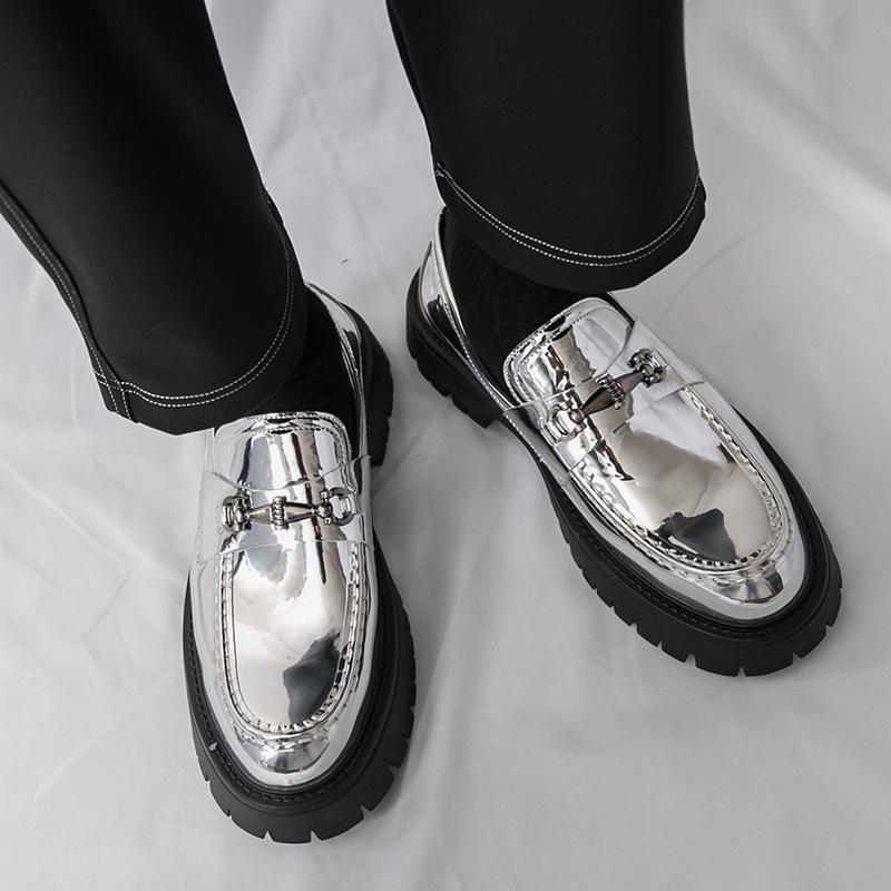 

2025 new thick-soled heightening big-headed leather shoes men s glossy casual shoes thick-heeled men s loafers hairstylist men s shoes 46 серебряный