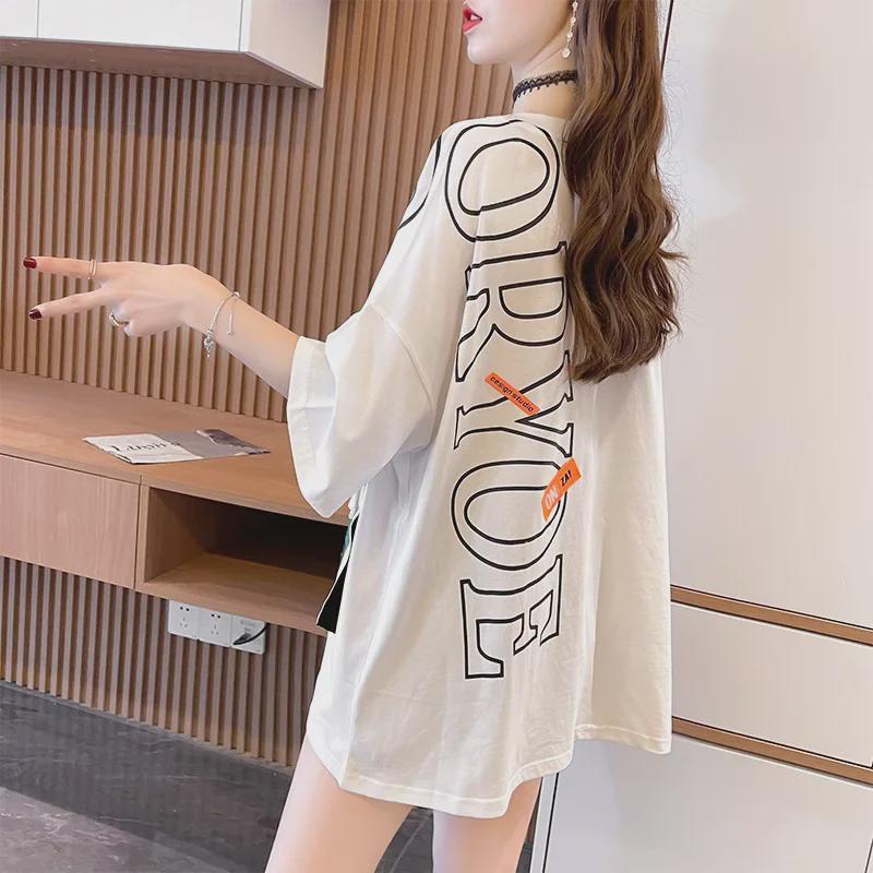 2023 Summer Korean Patchwork Pocket Letter Print Loose Short-Sleeve T-shirt for Women