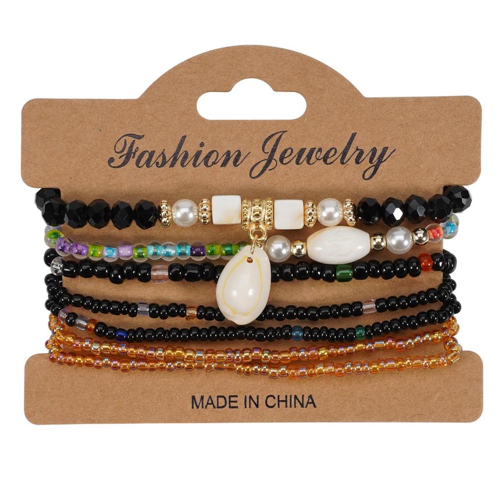 Bohemian Seashell Pendant Women's Elastic Bracelet with Seed Beads, 7 Strands