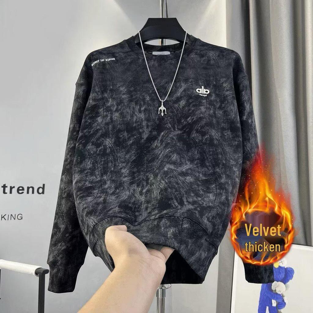 2025 Men's Autumn Round Neck Hoodie - Velvet Long Sleeve T-shirt for Inner Wear