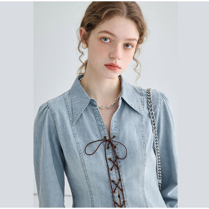 Elegant Women's Denim Lace Up Shirt Light Blue Turn Down Collar Puff Sleeves Waist Tight 2025 Spring Preppy Style Female Tops