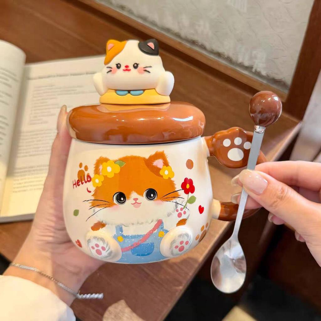 Cat Mug with Lid Spoon High Value Cute Cup Ceramic Water Cup for Women Home Large Capacity Breakfast Cup for Children