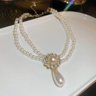 Luxury Vintage Double-Layer Pearl Water Drop  Choker Necklace For Women Ladies Pendant Necklace Weddings Bride Jewelry