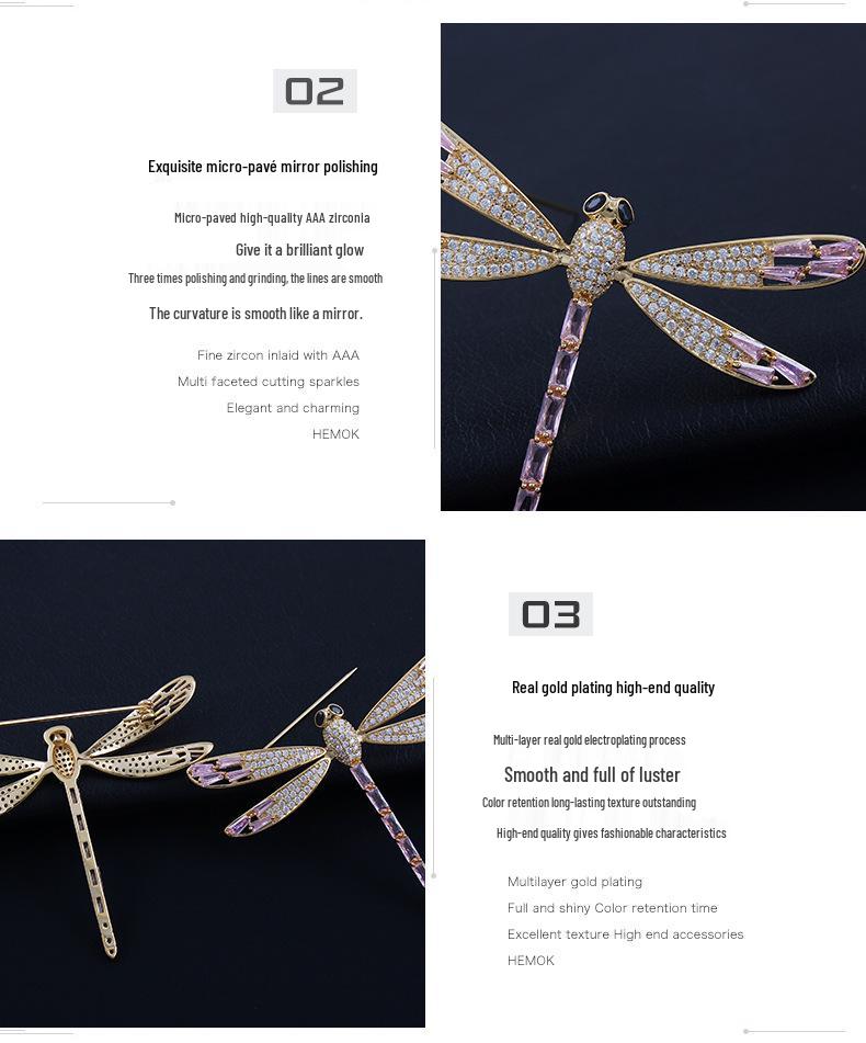 Elegant Dragonfly Brooch for Women - Gold-Plated, Zircon-Studded, Luxurious Accessory.
