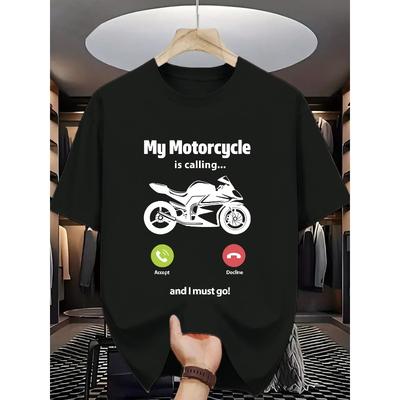 European Sizes Men'S Casual Crew Neck T-Shirt with "My Motorcycle Is Calling" Print, Black, Summer Sporty Style, Slight Stretch Fabric