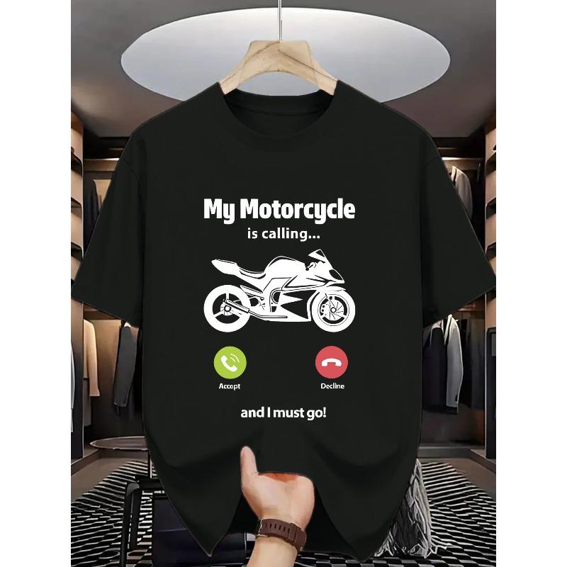 

European Sizes Men S Casual Crew Neck T-Shirt with My Motorcycle Is Calling Print, Black, Summer Sporty Style, Slight Stre... S разноцветный