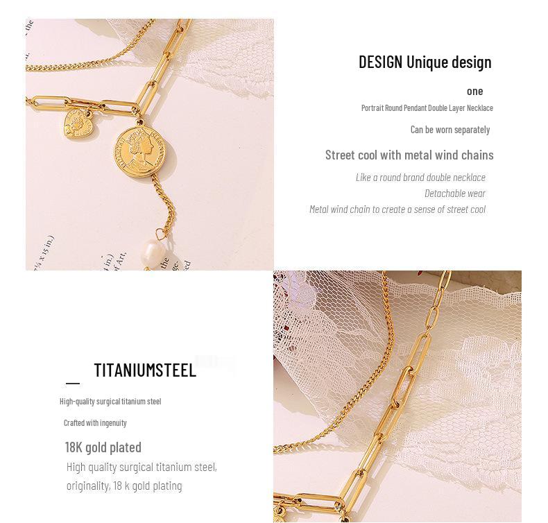 Retro Double-Layer Portrait Pendant Necklace, 18K Gold-Plated Titanium Steel, European & American Design, Clavicle Chain