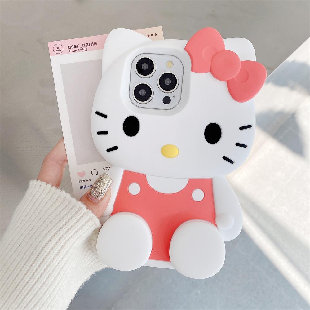 Sanrio Hello Kitty 3D Cartoon Strik Kawaii Houder Hoesje Voor iPhone 11 12 13 14 15 16 Pro Max Plus Mini Y2K Anti Val Siliconen Hoesje For iPhone 14 helder roze