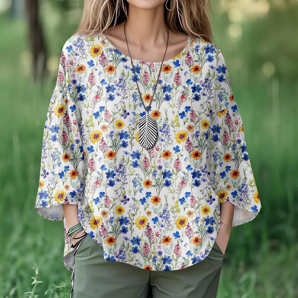 Summer Tops For Women Cute O Neck 3/4 Sleeve Blouses Floral Print Top Casual Shirts