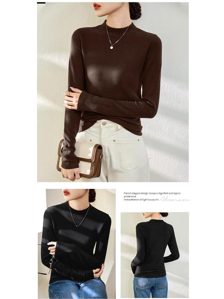 Women's German Velvet Double-Sided Red Half-High Collar Long-Sleeve Top - New for Autumn/Winter 2024
