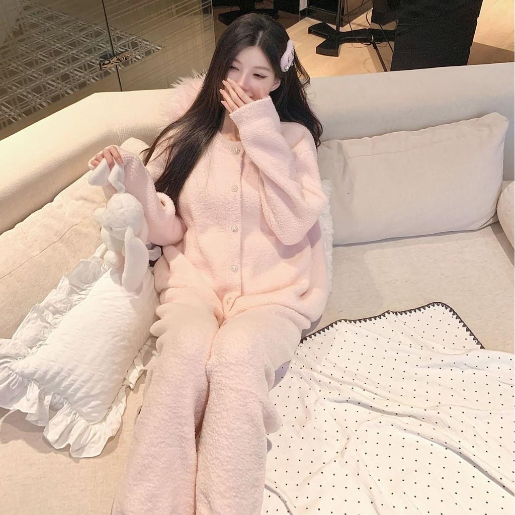 Cozy Plush Lounge Set With Pearl Buttons For Winter Comfort Homewear For Young Women