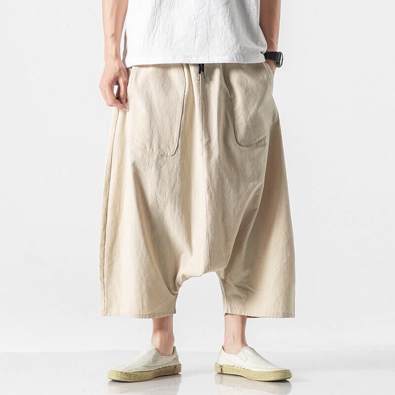 Mens Linen Cotton Blend Wide Leg Pants Loose Fit 8 Inch Length Low Crotch Plus Size Japanese Style Solid Color Casual