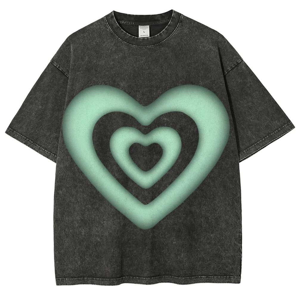 Gewaschenes Herz T-Shirt Unisex Lässig Baumwolle Kurzarm T-Shirts Hip Hop Vintage T-Shirt Herren Damen Kleidung Sommer Oberteile
