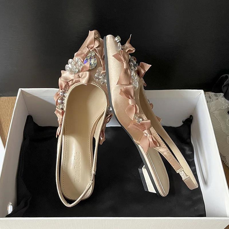 

Fashion Luxury Crystal Satin Brand Sandals Women Elegant Pointed Toe Bow Shallow Dress Shoes Summer Fashion Designer Slingback Shoes 35 телесный