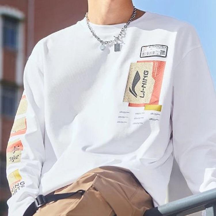 Li Ning Sports Basketball Series Logo Print Loose Long Sleeve T-Shirt Men Tops White AHSR917-1