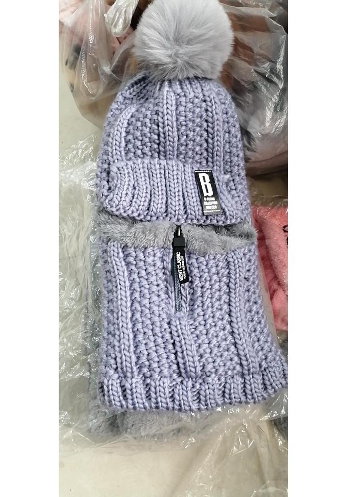 Women's Korean Style Velvet-Lined Knit Pullover Hat with Ear Protection and Zippered Neck Warmer for Winter Cycling