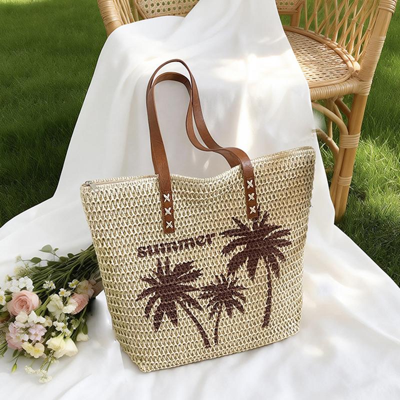 

Yogodlns Summer Large Capacity Straw Beach Women s Tote Bags Coconut Tree Pattern Handbag Leather Strap Beach Shoulder Bag 31x13x37cm бежевый