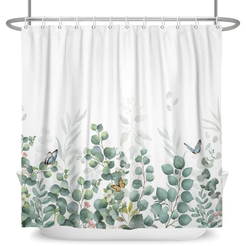 Green Eucalyptus Leaves Shower Curtains Watercolor Floral Waterproof Morden Bathroom Bathtub Curtain Room Decor With Hooks