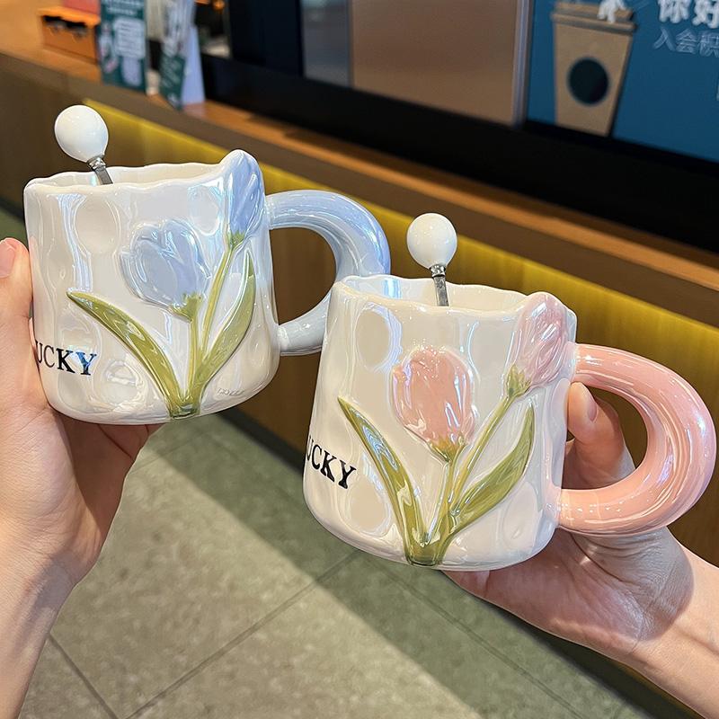 High Value and Light Luxury Tulip Ceramic Cup Creative Flower Girls’ Home Drinking Water Cup Spoon
