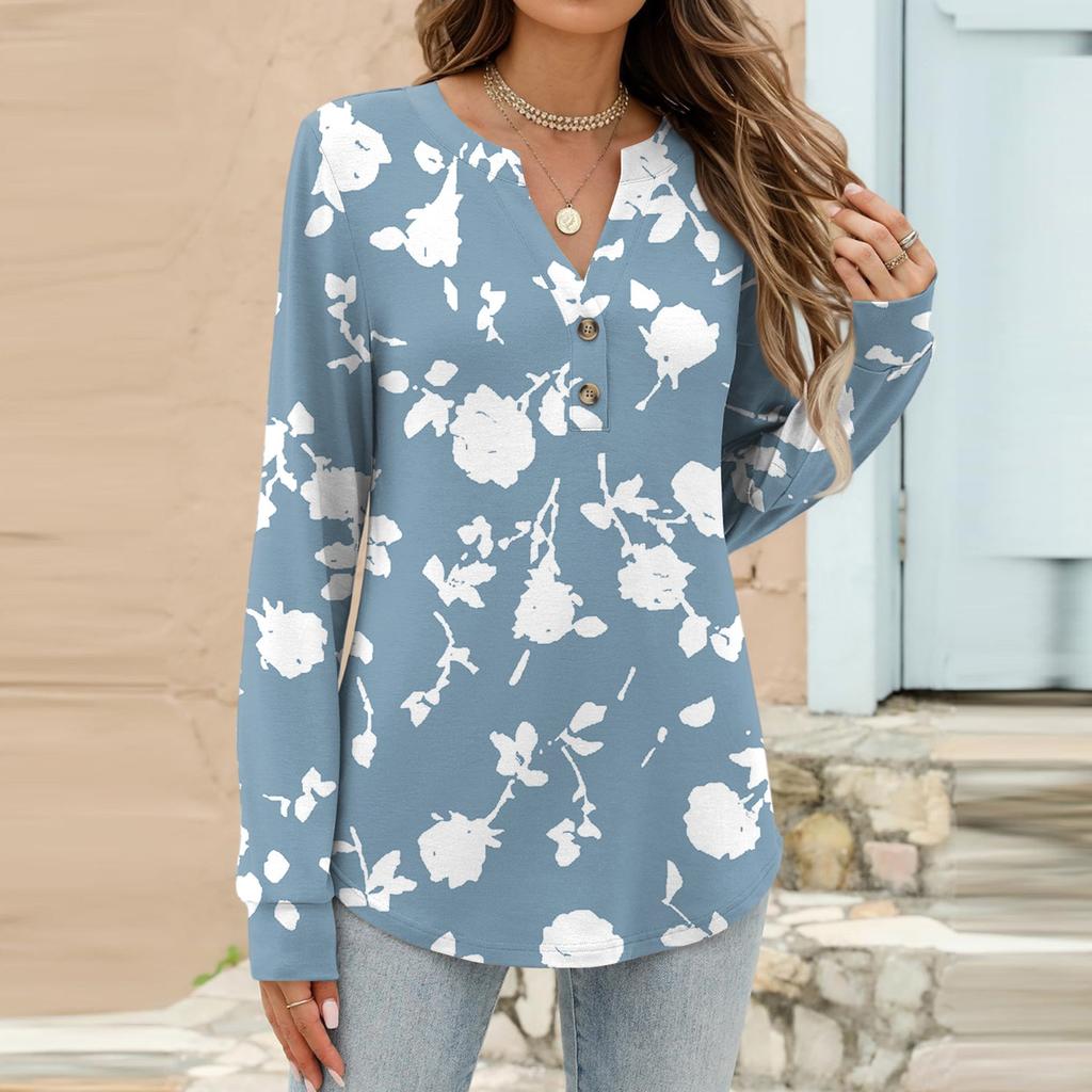Women's Fashion Casual Floral Print Long Sleeve T-Shirt Pullover Top