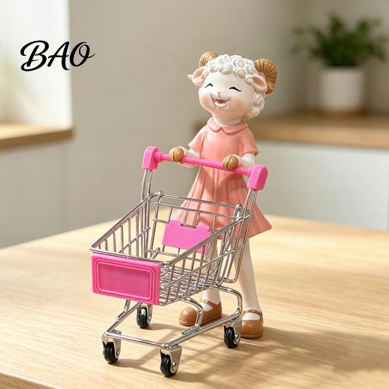 Cute Desktop Storage Solution Cartoon Sheep Shopping Cart Figurine, Mini Grocery Trolley Toy with Lamb, Small Figurine Wheels Desk Decor for
