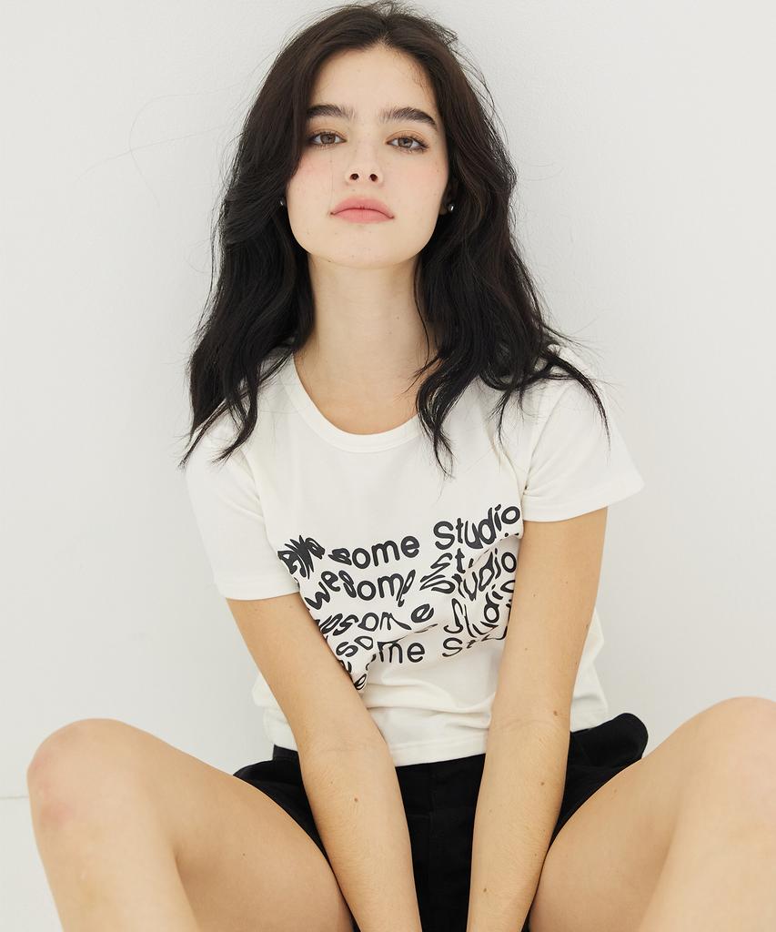 AWESOME STUDIO Wave Lettering Crop Slim Short Sleeve T-Shirt Ivory