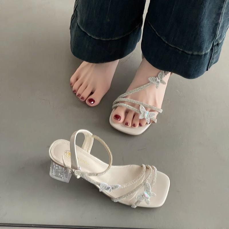 2025 spring and summer new crystal shoes fashion versatile casual rhinestone sandals women's skirt open-toed high heels