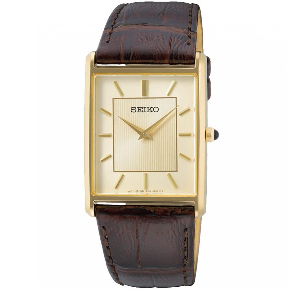 

[Seiko] Часы SEIKO мужские квадратные кварцевые SWR064 циферблат цвета шампанского с золотым ремешком из коричневой кожи