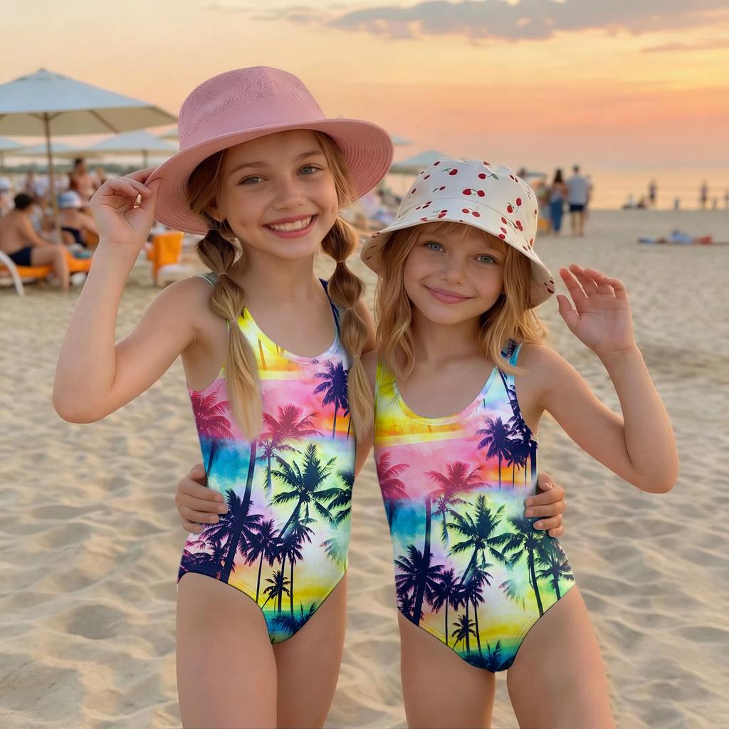 Girls One Piece Swimsuit Palm Tree Print Summer Beach Swimwear Lightweight Quick Dry Bathing Suit for Kids