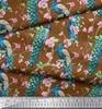 Soimoi Black Poly Crepe Fabric Pink Flower|Branch & Peacock Bird Print Fabric by the Yard 42 Inch