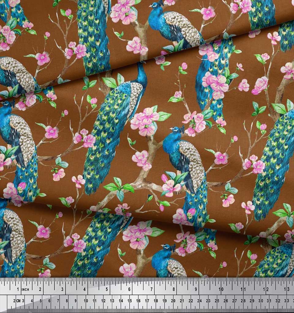Soimoi Black Poly Crepe Fabric Pink Flower|Branch & Peacock Bird Print Fabric by the Yard 42 Inch