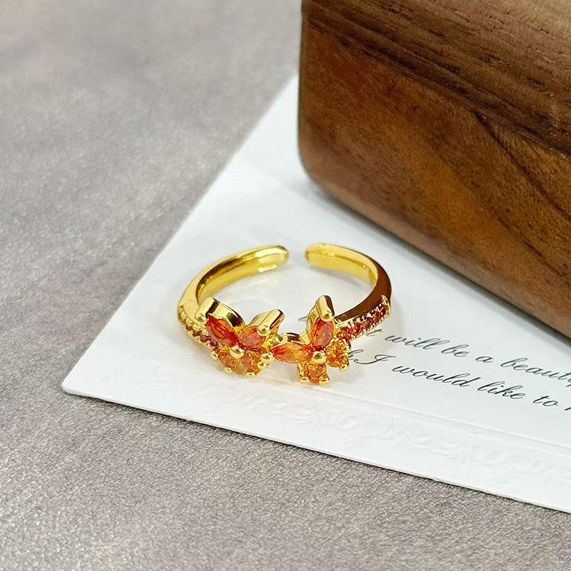 Medieval Vintage Orange Red Zircon Inlaid Simple Open Ring Female Retro Flower Temperament Niche Index Finger Ring