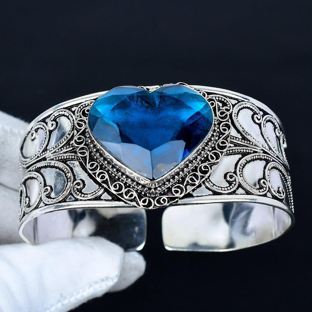 Londoner Topas Herz Edelstein Armband, Armreif Verstellbares Armband, 925 Sterlingsilber Schmuck, Verlobungsgeschenk, Londoner Topas Armband Neujahrsgeschenk