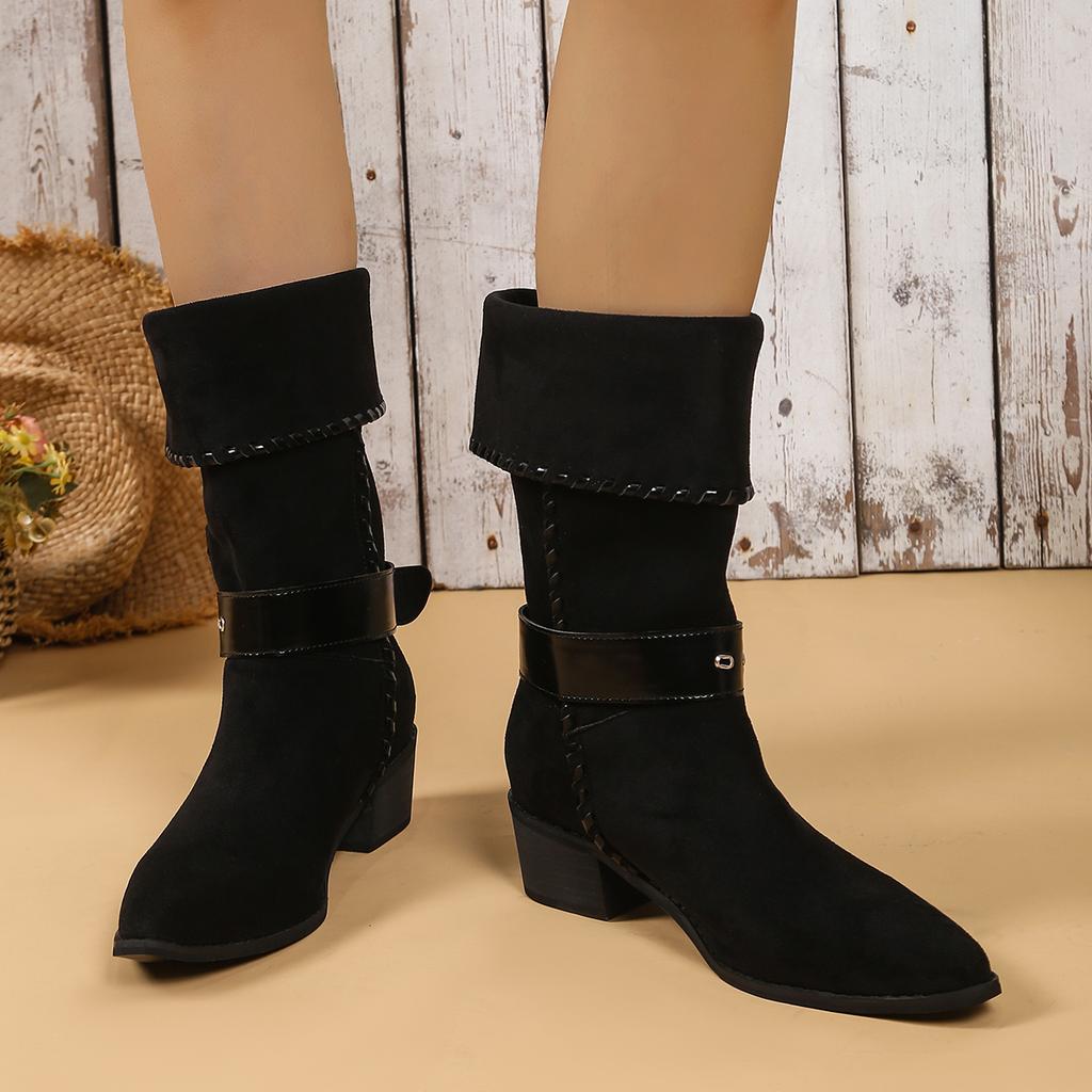 New Style Popular Women's Heels Boots Dancing Woman Faux Suede Mid-calf Winter Boots Dance Black Soft Sole Zapatos Mujer