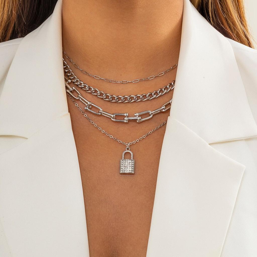 Kunjoe Bohemian Stylish Fashionable U Shaped Link Chain Choker Pendant Necklace Girl Crystal Stone Rhinestone Lock Women Pendant Pendant Necklace