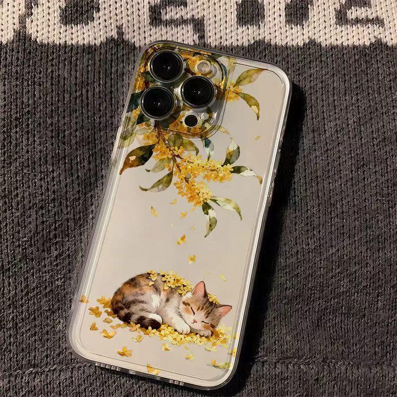 Osmanthus Cat iPhone Case: Compatible with iPhone 13, 14, 15 Pro, 16 Pro Max. Drop-Proof, Full Coverage.