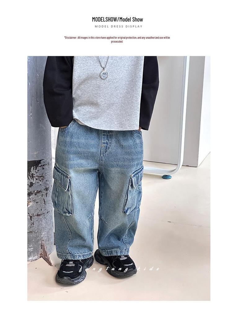 2025 Spring & Autumn Boys' Cargo Jeans: Trendy, Loose-Fit, Casual Long Pants for Kids