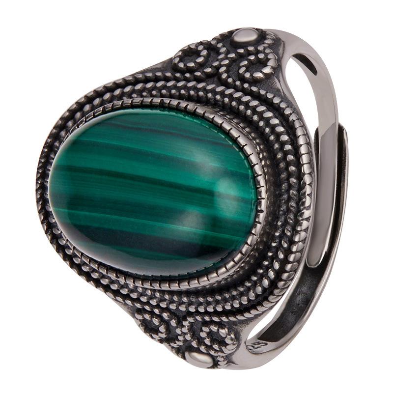 Personalized Retro Natural Colored Treasure Malachite Tiger Eye Blue Gold Gemstone Ring Women'S S925 Sterling Silver Index Finger Ring