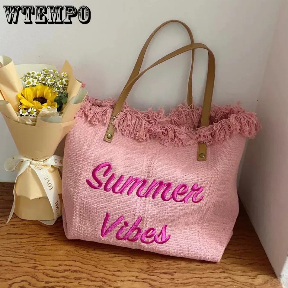 

WTEMPO Color-blocking Large-capacity Canvas Bags Casual and Fashionable Tote Bags Simple Embroidered Commuter Women s Bags Summer Beach Bags 1pc чорний