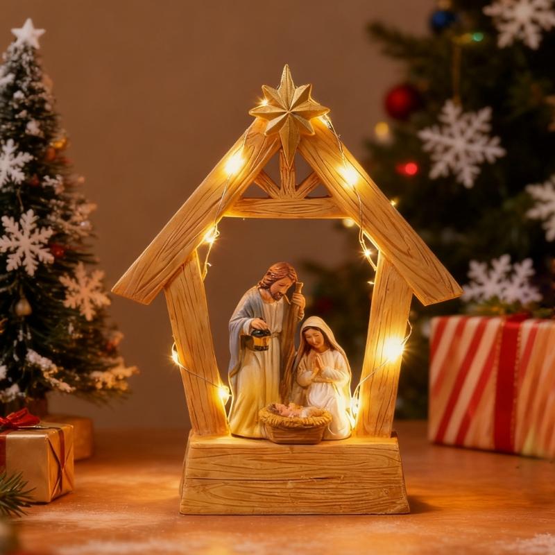 Warm LED Illuminating Nativity Scene Ornament Resin Craft Holy Family Figurine Statue Festive Christmas Display Piece