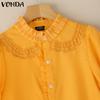 VONDA Elegant Women Blouse Casual Puff Sleeve V Neck Crochet Hem Ruffled Tops
