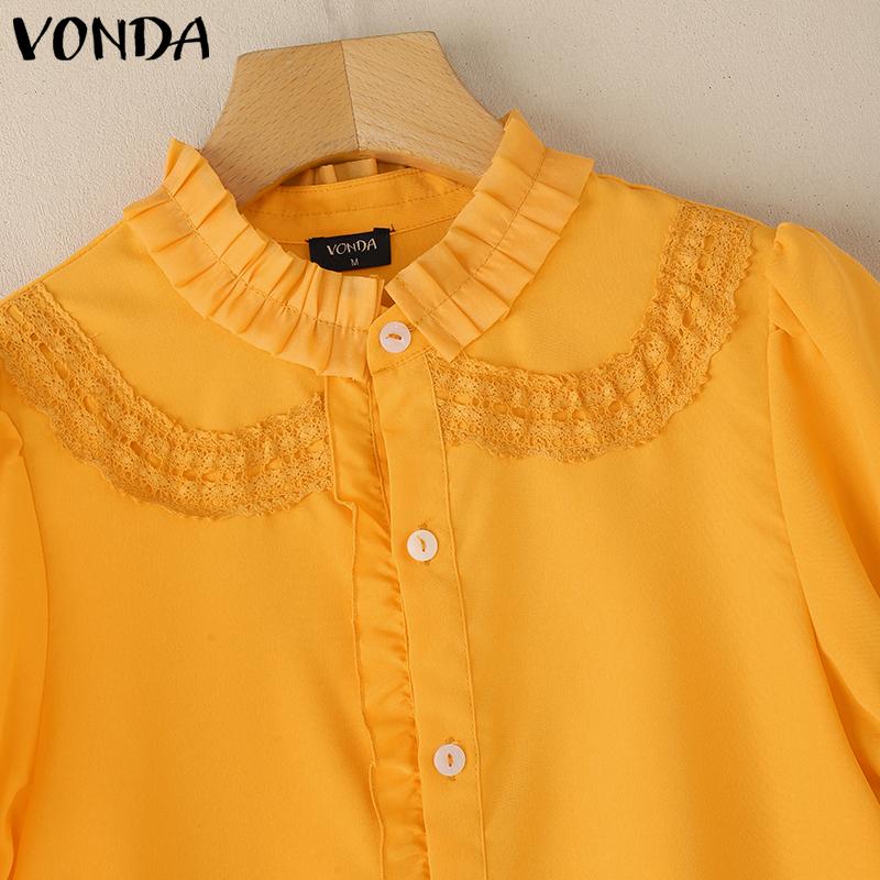 VONDA Elegant Women Blouse Casual Puff Sleeve V Neck Crochet Hem Ruffled Tops