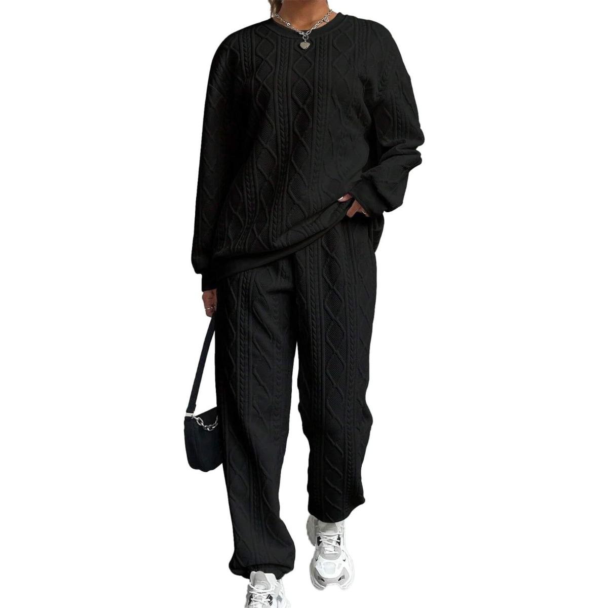 

Женская одежда, Отделка плетеными косичками, Длинные рукава, Круглый вырез, Блузка, Леггинсы, Комплект из двух предметов 2XL чёрный