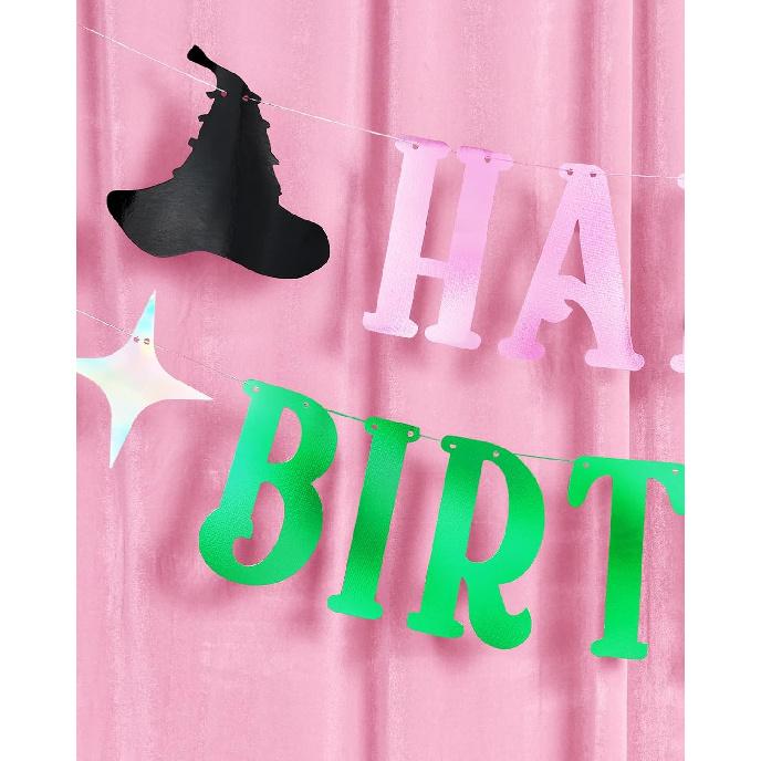 xo, Fetti Happy Birthday Banner - Pink + Green Foil, 4 Ft. | Witch Birthday Decorations, Girls Bday Sign, Kids Wizard Party, Photoshoot Backdrop