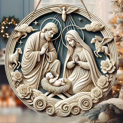 5pcs Christmas Nativity Scene Wooden Ornament - 2D Relief Carved Round Wall Hanging Decor with Angel, Jesus, Mary & Joseph - Handcrafted Church Door