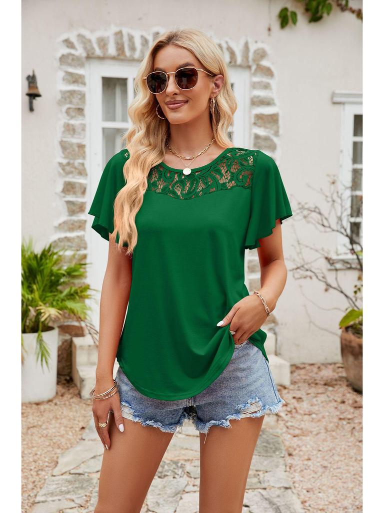 European and American Women's Solid Color Mesh Ruffle Short Sleeve T-shirt