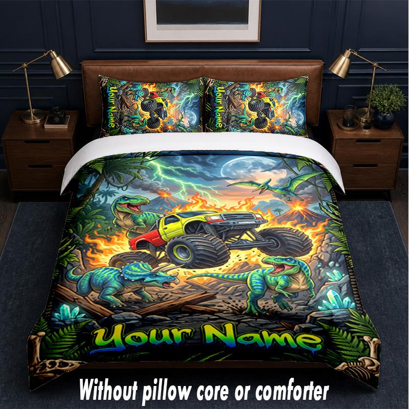 Monster Truck Theme Custom Text Or Name 3Pcs Bedding Set,1 Flat Sheet & 2 Pillowcases Personalized Home Bedding
