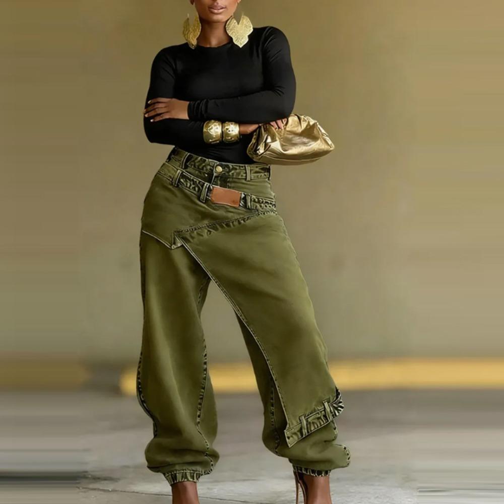 Women's High Waist Asymmetric Patchwork Wide Leg Jeans Loose Fit Vintage Washed Denim Trousers